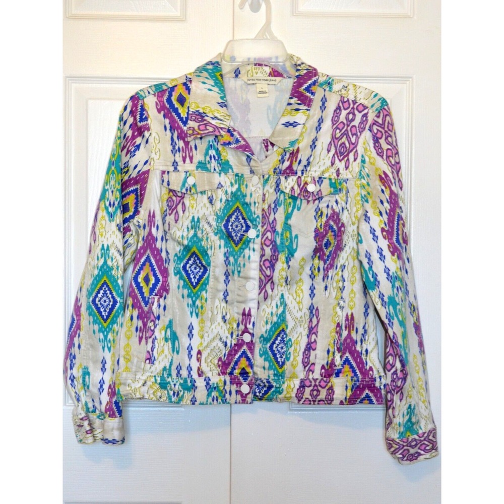 Jones‎ New York Jean Jacket Women's L Colorful Southwest Aztec Button Pockets